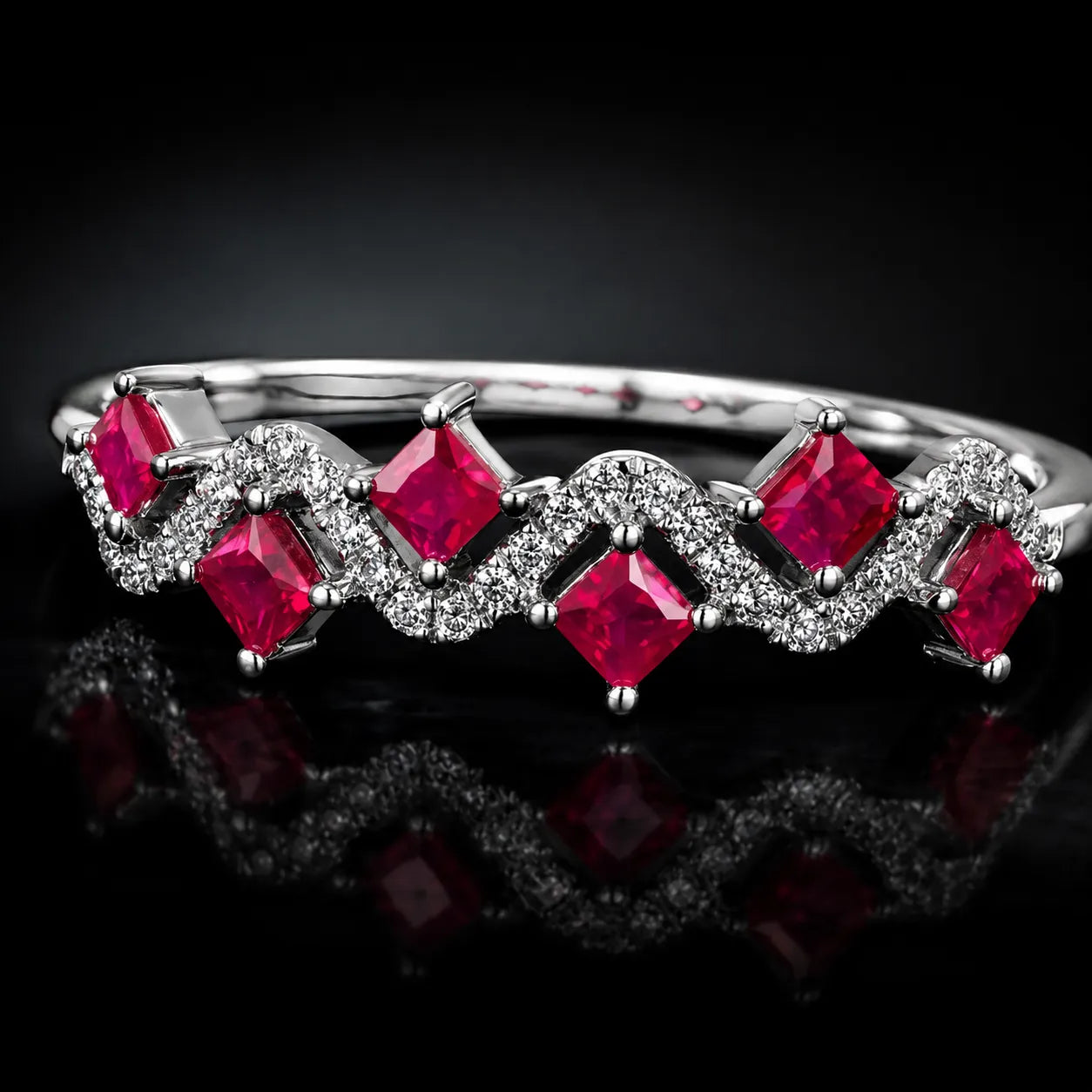 MUHUANG white gold ruby wave ring with diamond accents on black reflective surface