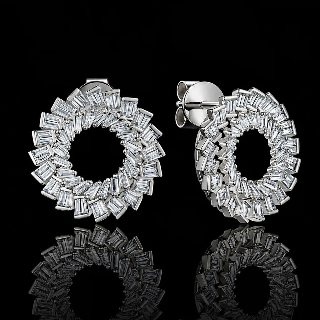 MUHUANG white gold baguette diamond hoop earrings on black background
