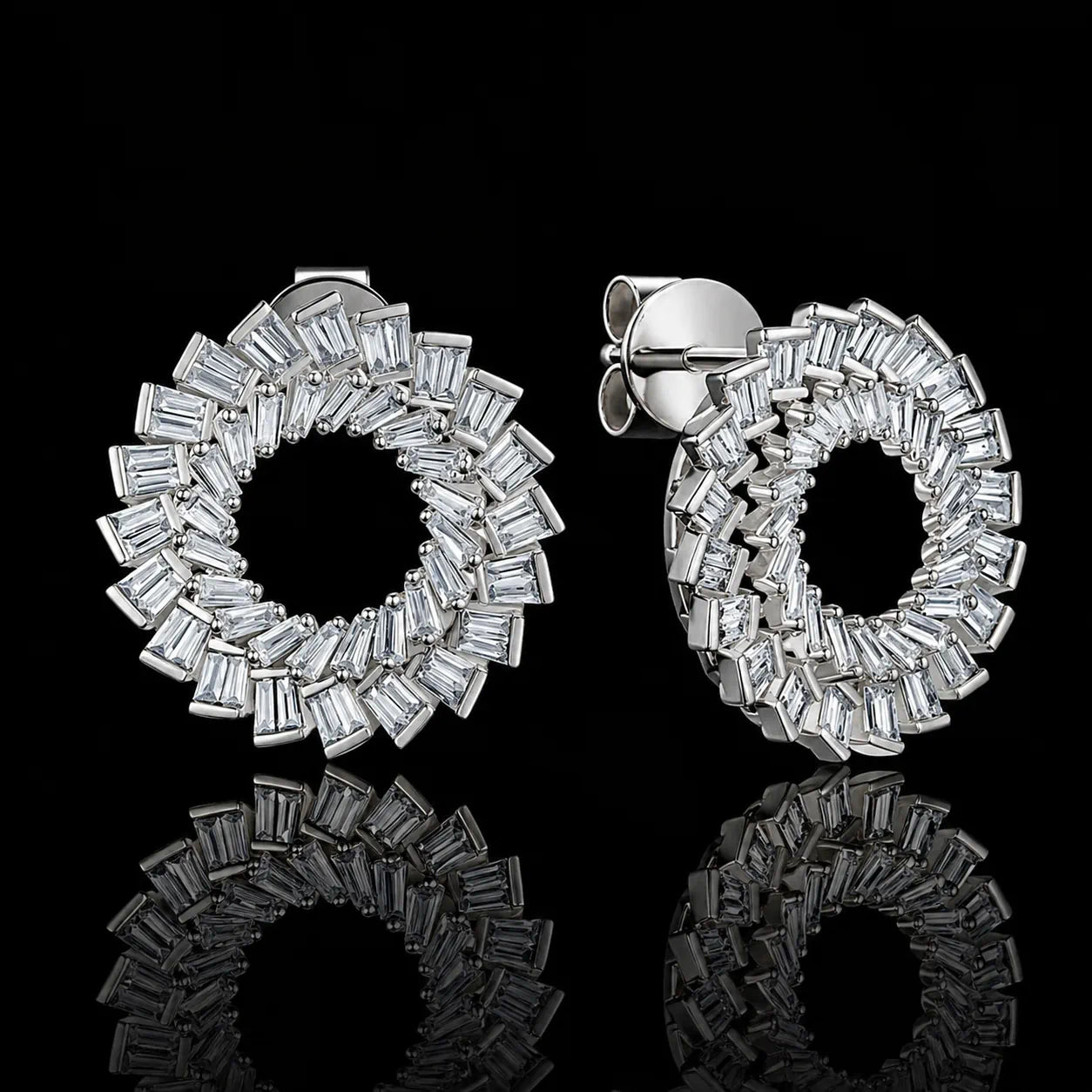 MUHUANG white gold baguette diamond hoop earrings on black background