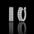 MUHUANG white gold double row diamond hoop earrings on black reflective background