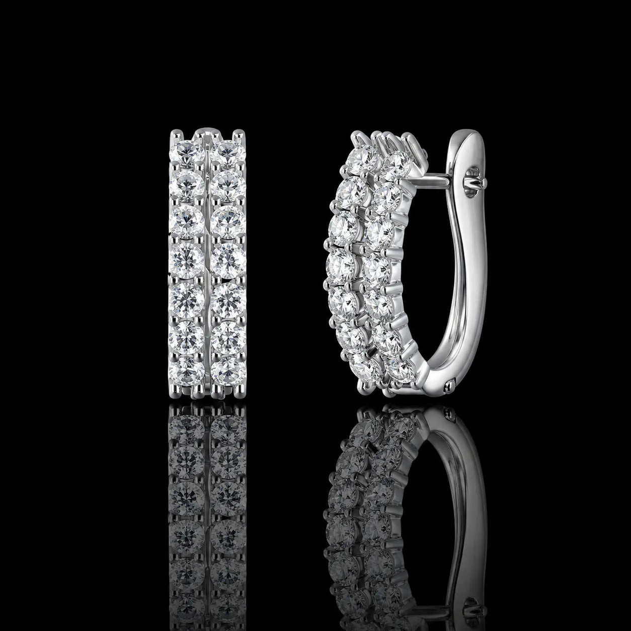 MUHUANG white gold double row diamond hoop earrings on black reflective background
