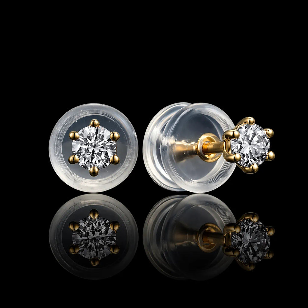 MUHUANG yellow gold six prong diamond stud earrings with silicone backs