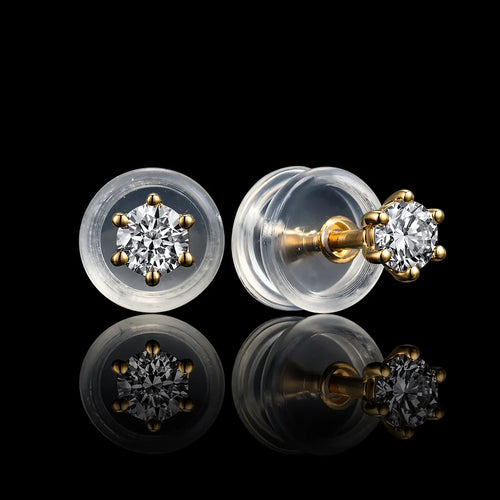 MUHUANG yellow gold six prong diamond stud earrings with silicone backs