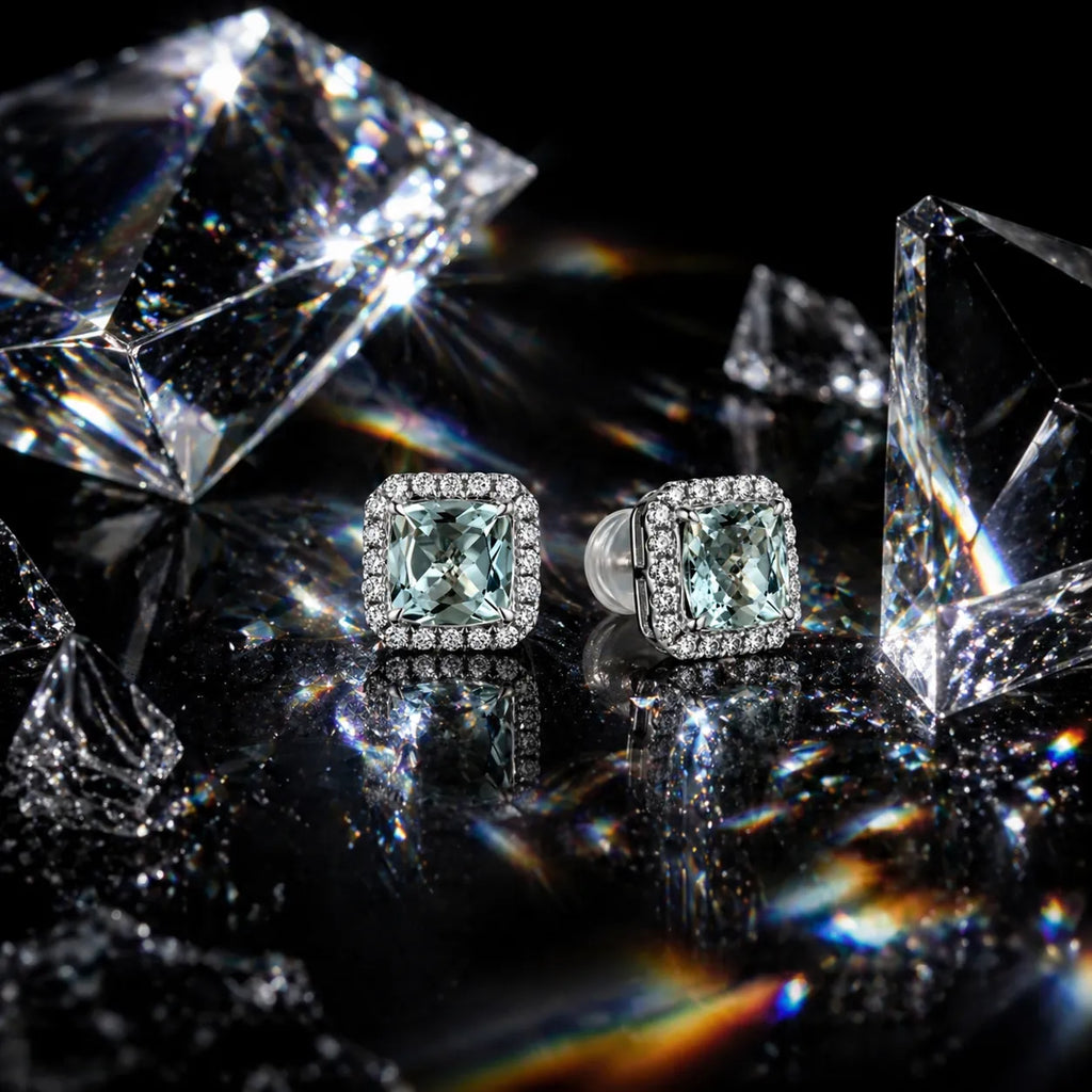 MUHUANG cushion-cut light blue gemstone earrings surrounded by crystal fragments on black reflective surface, showcasing sparkle and premium design.