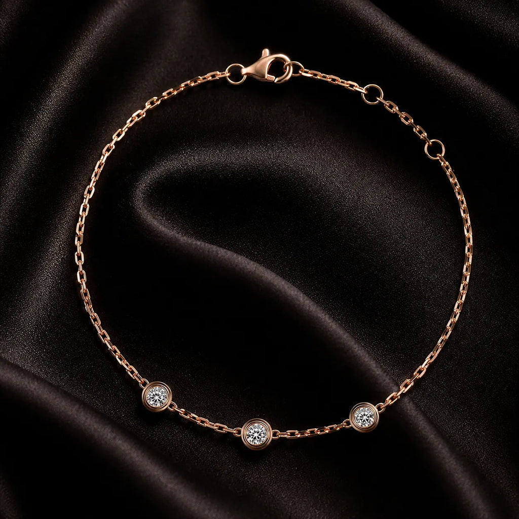 MUHUANG rose-gold bracelet with three bezel diamonds, photographed on dark background to highlight shimmer and luxury.