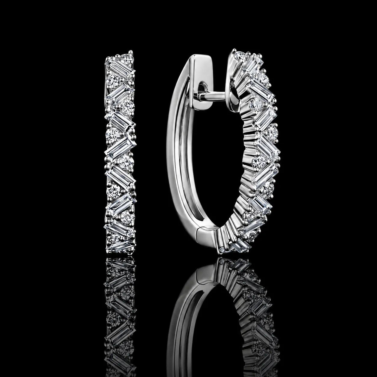MUHUANG white gold baguette diamond hoop earrings on black reflective background