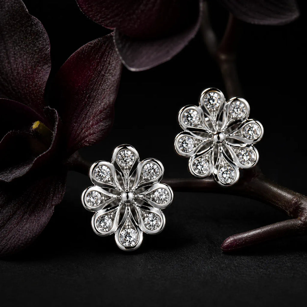 MUHUANG white gold flower diamond stud earrings with dark floral background