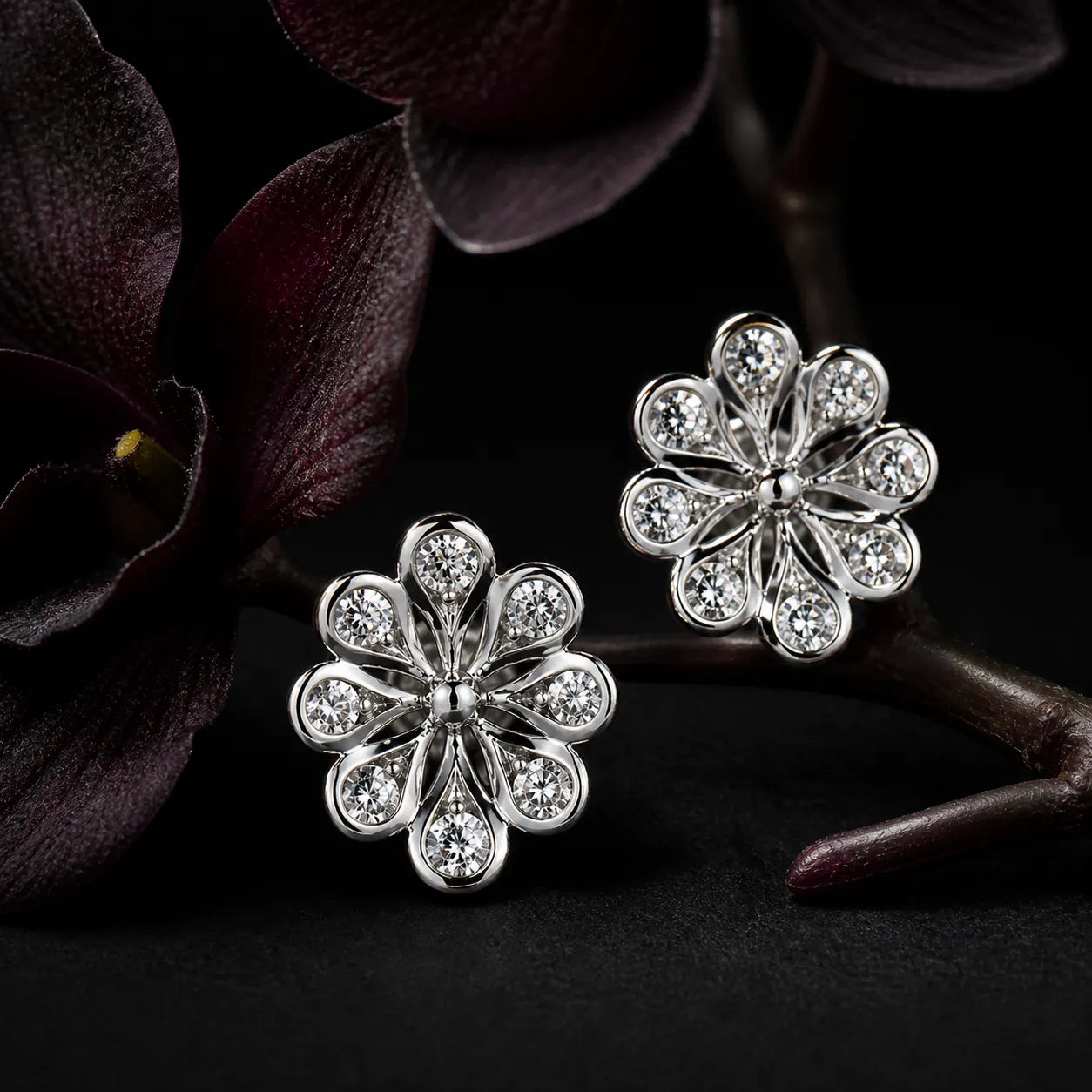MUHUANG white gold flower diamond stud earrings with dark floral background