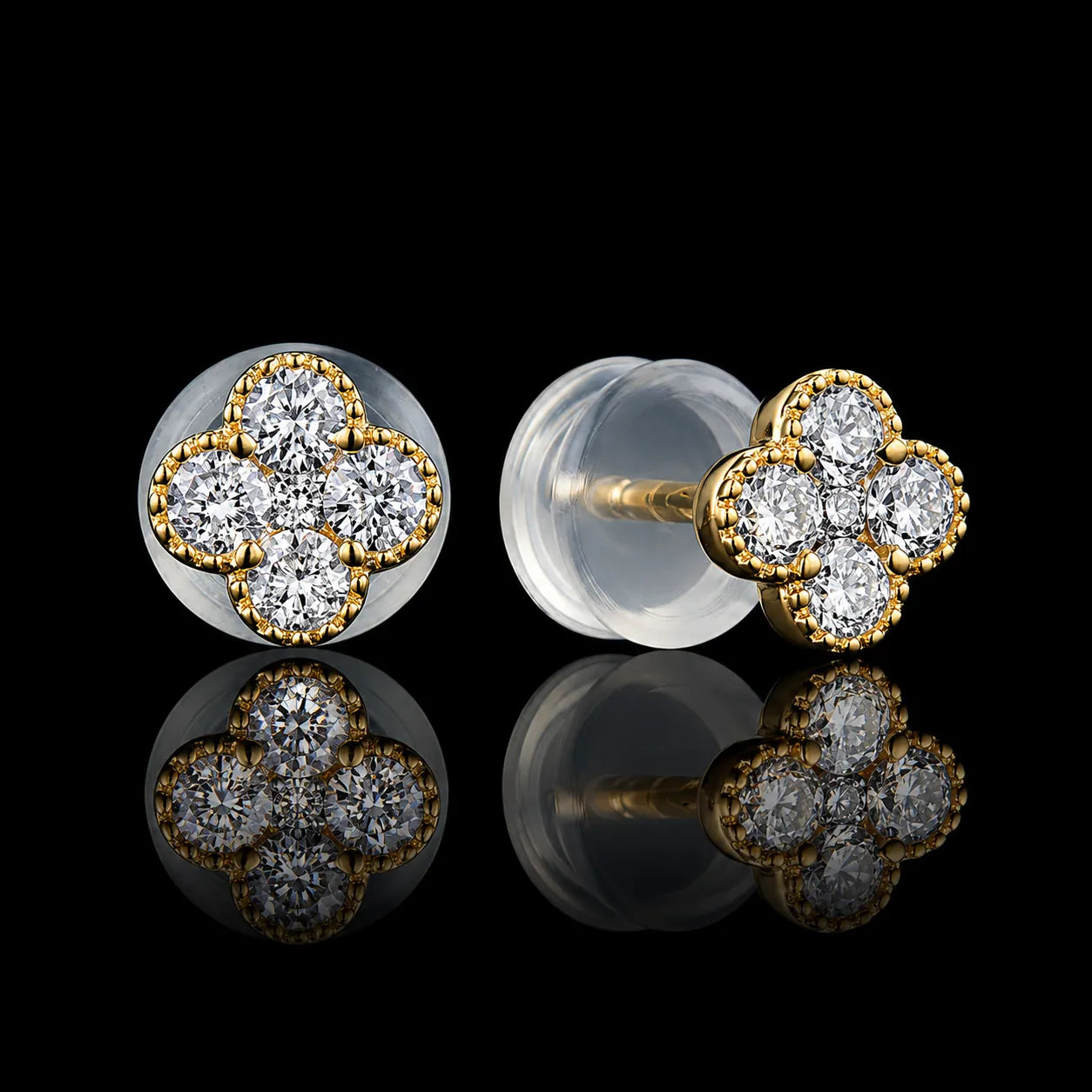 MUHUANG 18K yellow gold flower diamond stud earrings with 10 round diamonds totaling 0.28CT