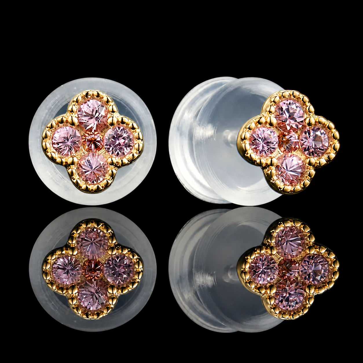MUHUANG 18K yellow gold flower stud earrings with 10 round pink sapphires totaling 0.16CT