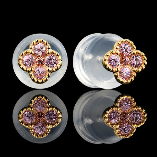MUHUANG 18K yellow gold flower stud earrings with 10 round pink sapphires totaling 0.16CT