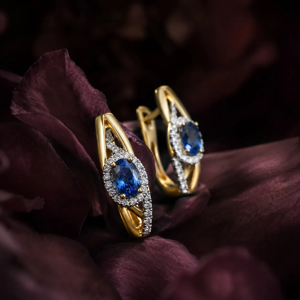 MUHUANG yellow gold blue sapphire diamond hoop earrings with dark floral background