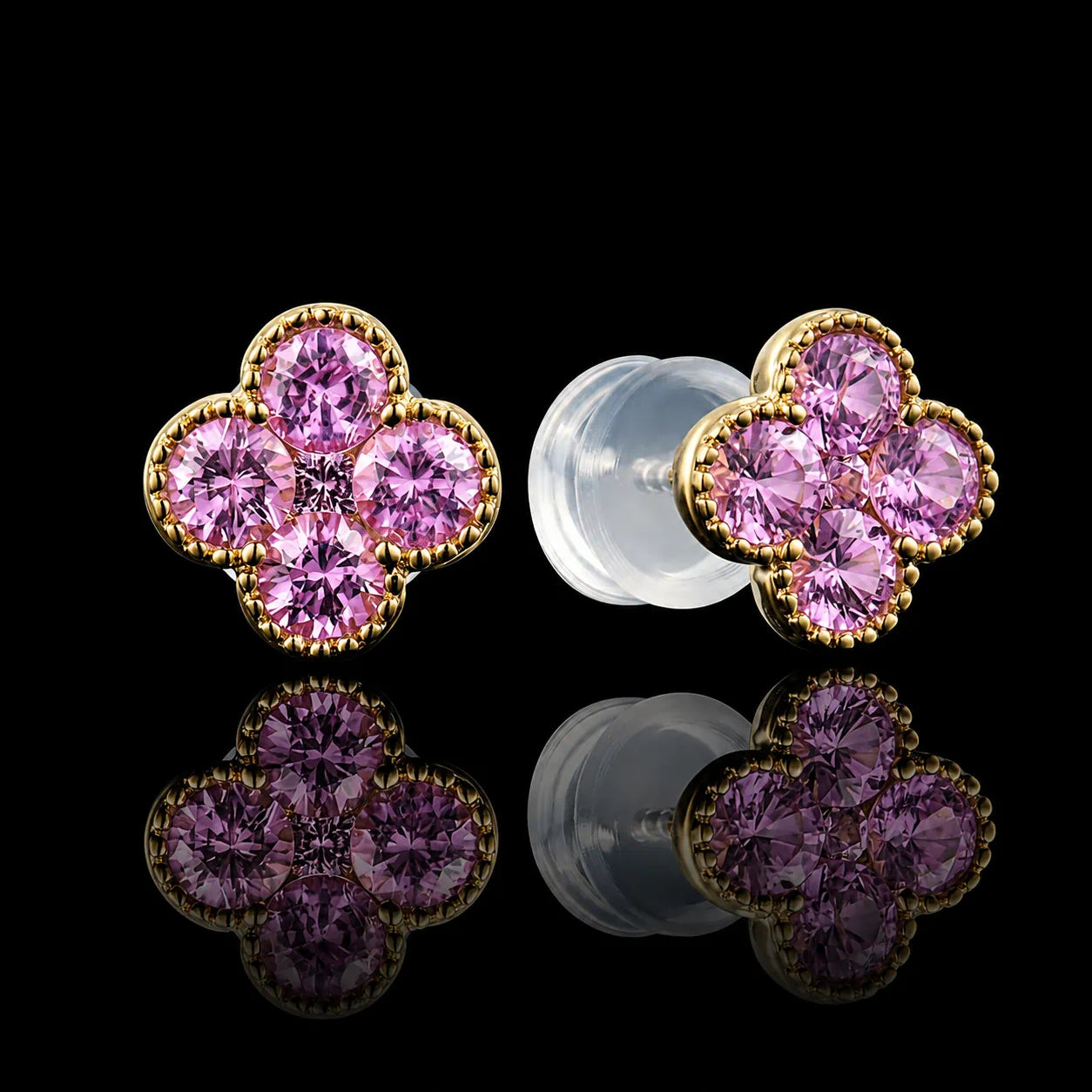 MUHUANG 18K yellow gold flower stud earrings with 10 round pink sapphires totaling 0.64CT
