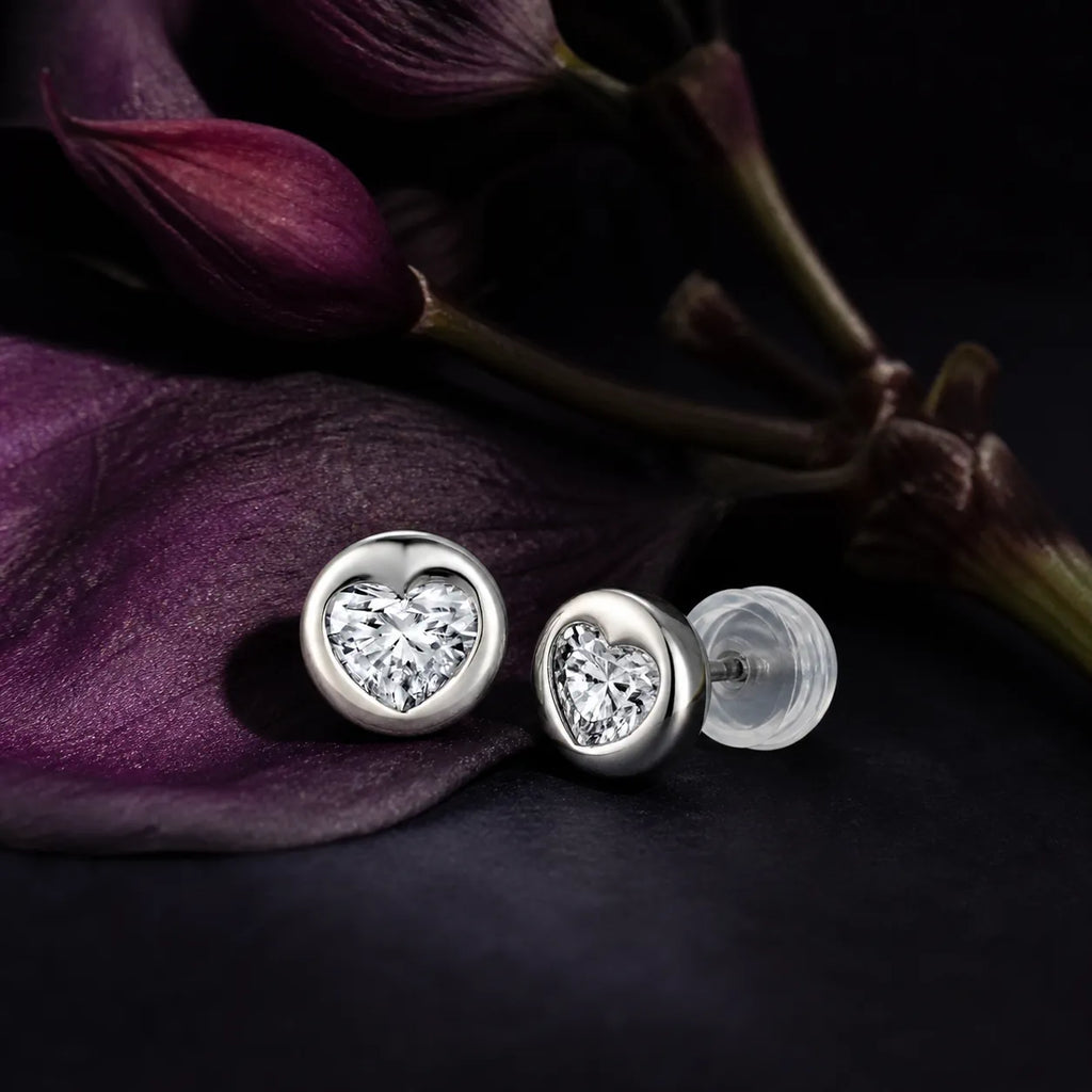 MUHUANG white gold heart diamond stud earrings with purple petals