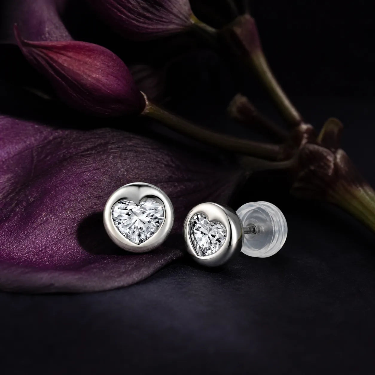 MUHUANG white gold heart diamond stud earrings with purple petals