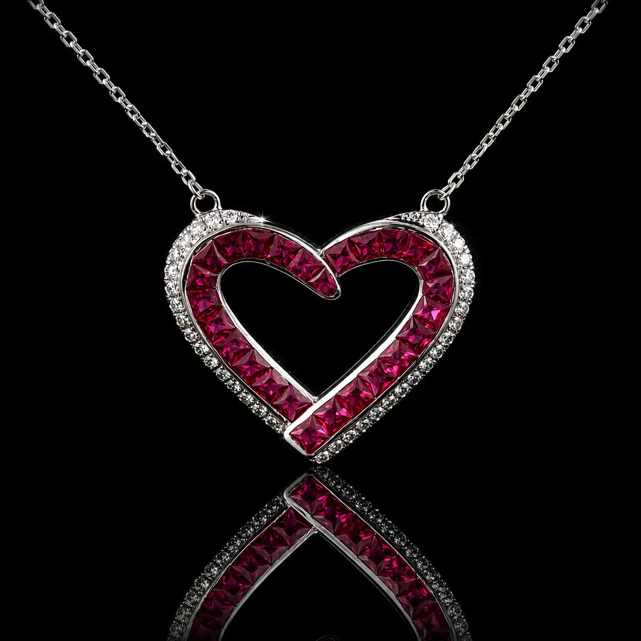 MUHUANG 1.10CT ruby diamond heart pendant necklace in 18K white gold