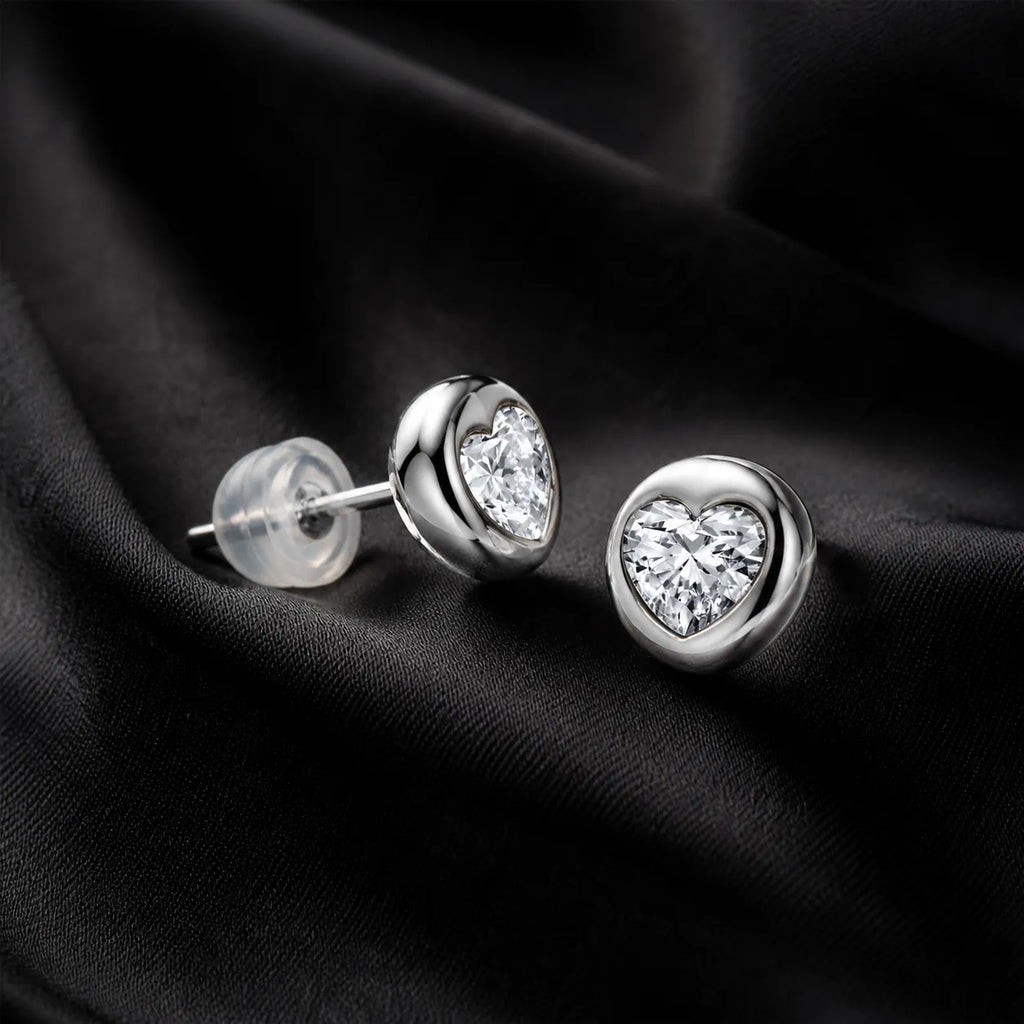 MUHUANG white gold heart diamond stud earrings on black satin