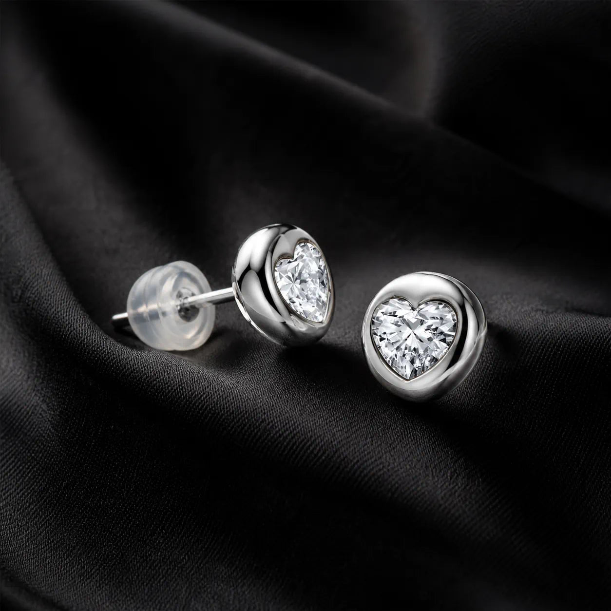 MUHUANG white gold heart diamond stud earrings on black satin
