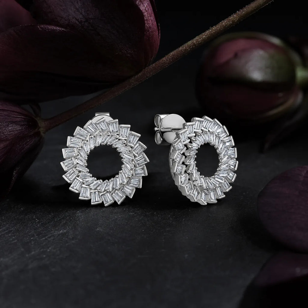 MUHUANG baguette diamond hoop earrings with dark floral accents