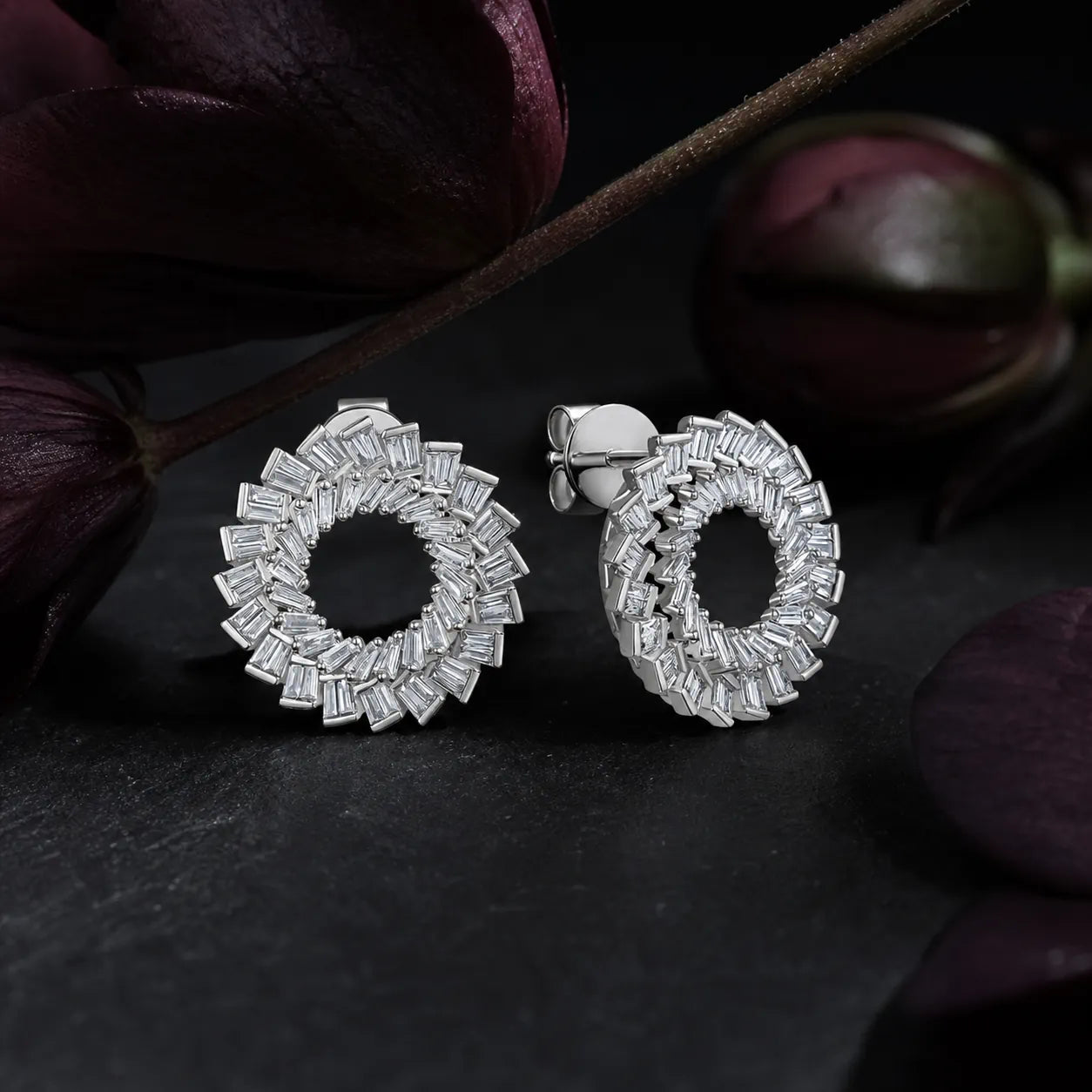 MUHUANG baguette diamond hoop earrings with dark floral accents
