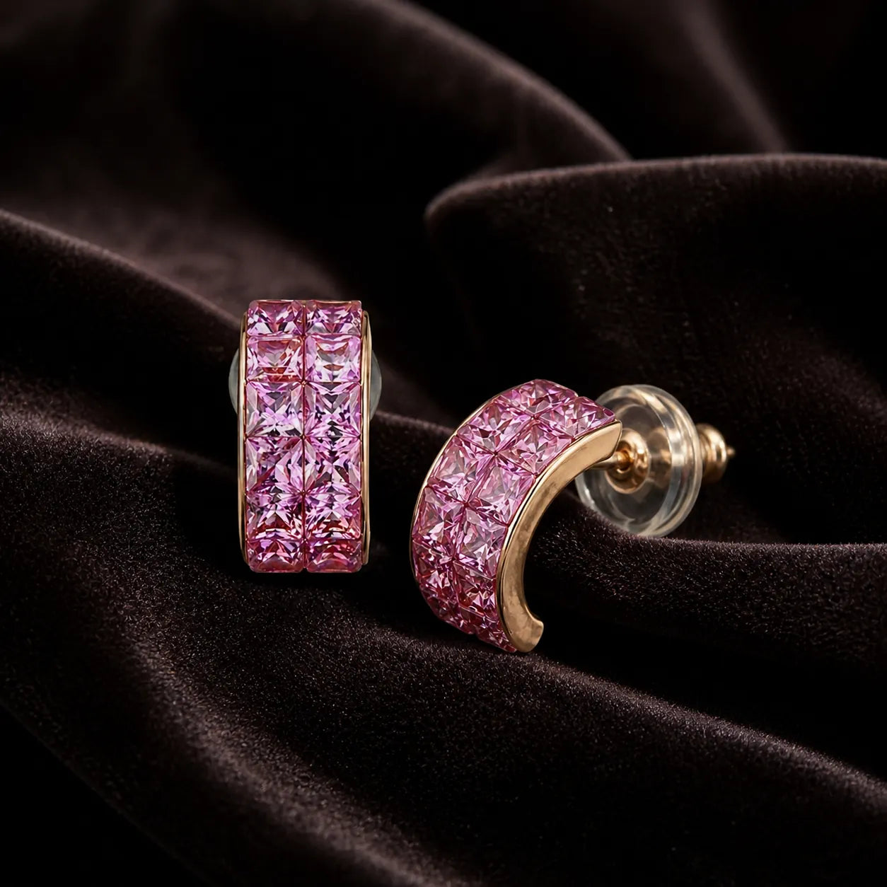 MUHUANG pink gemstone hoop earrings on black velvet fabric