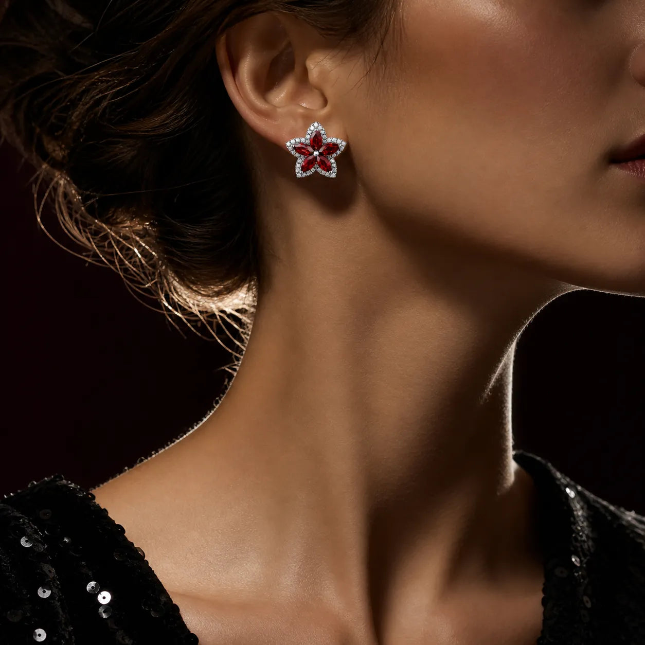 MUHUANG red gemstone flower stud earrings worn by model