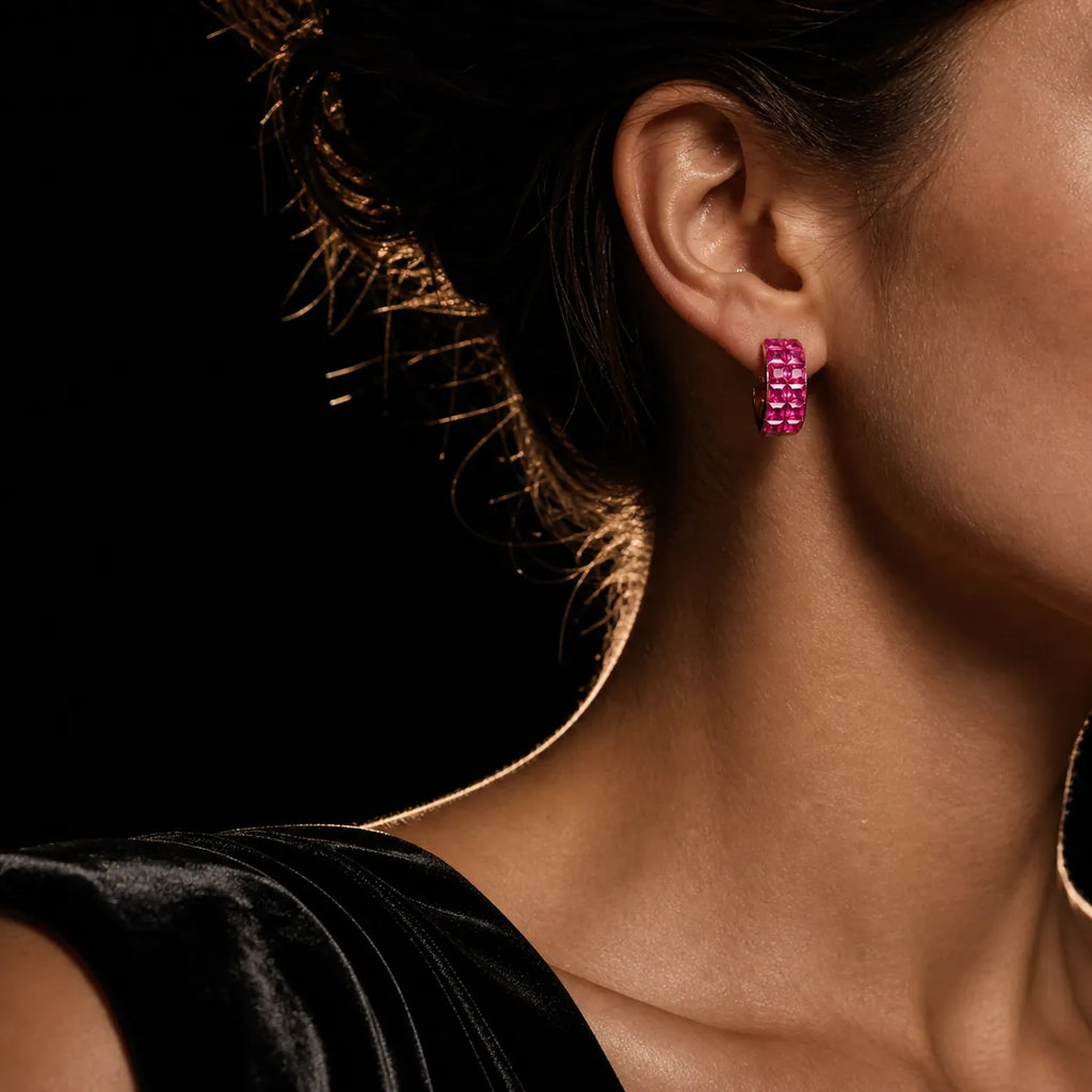 MUHUANG rose gold pink sapphire hoop earrings worn with black evening dress