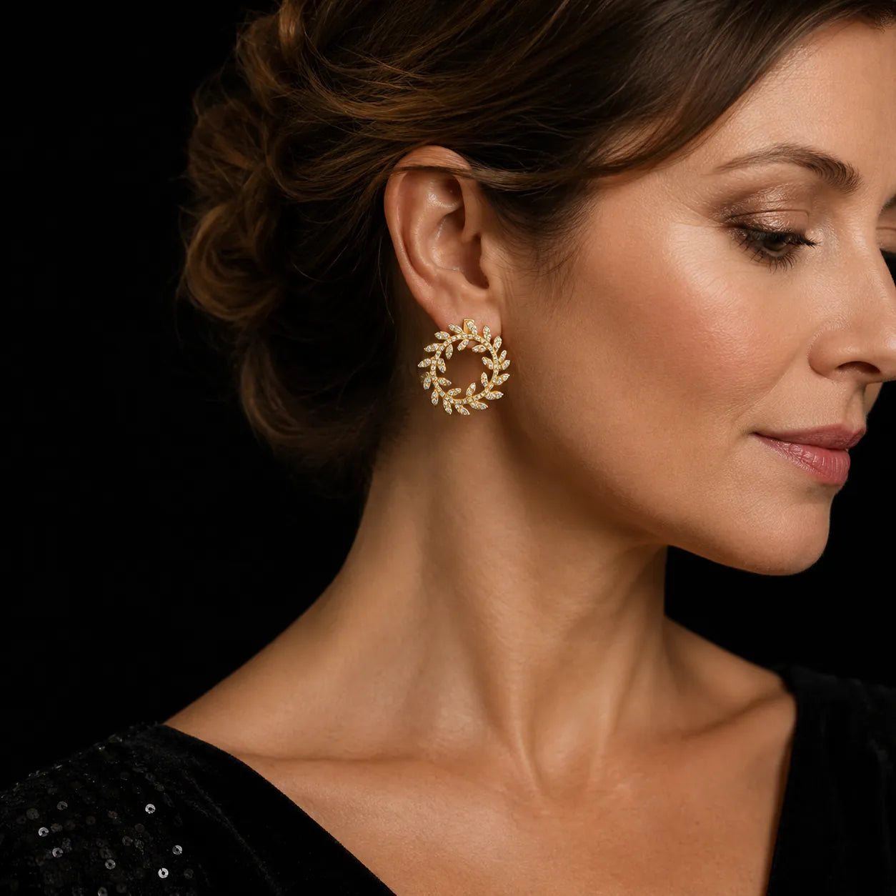 MUHUANG yellow gold diamond laurel hoop earrings worn by model