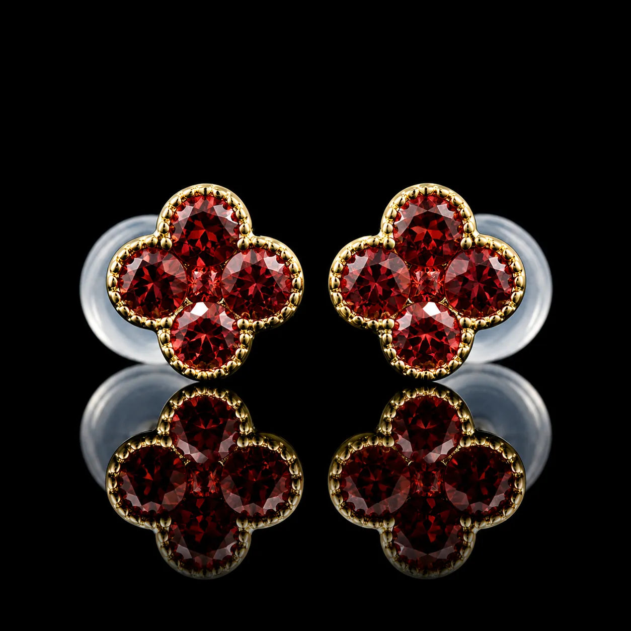 MUHUANG 18K yellow gold ruby floral stud earrings with natural red gemstones