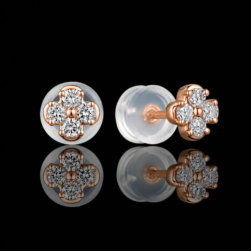 MUHUANG rose gold four leaf clover diamond stud earrings on black reflective background