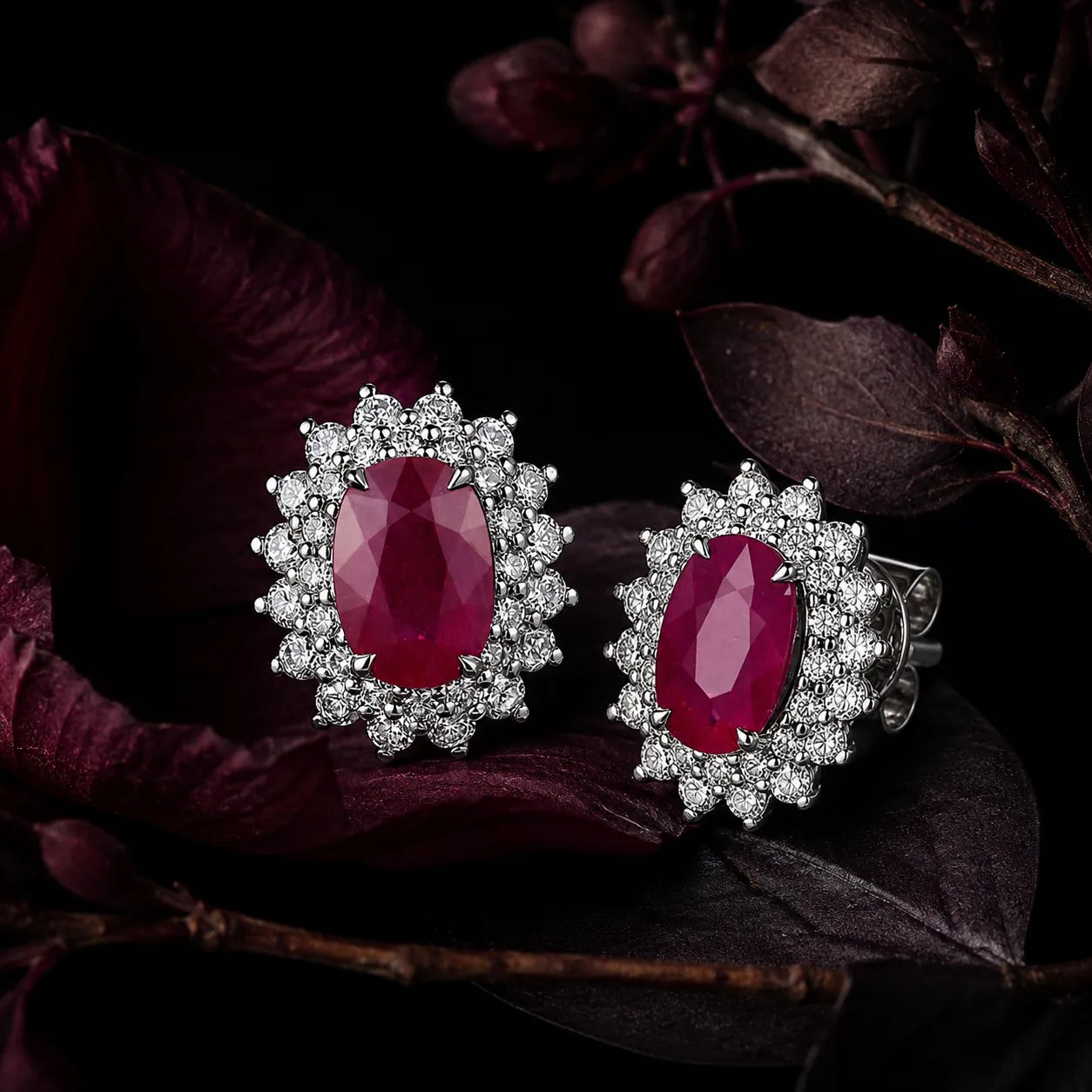 MUHUANG ruby and diamond halo stud earrings with dark floral background