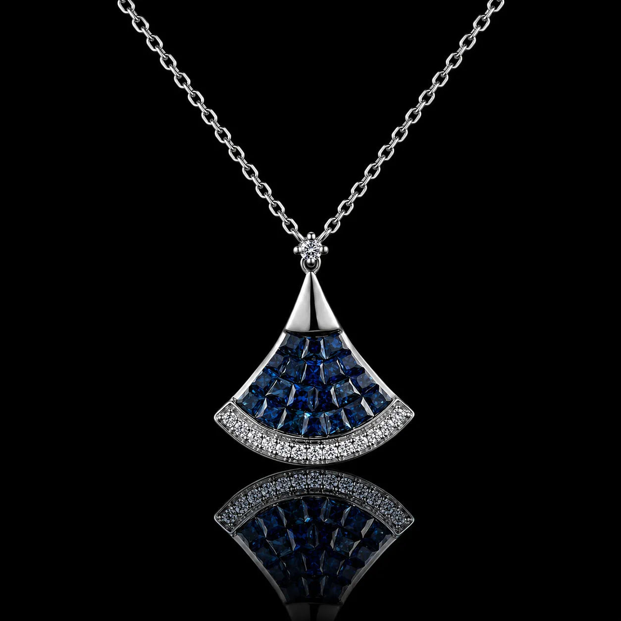 MUHUANG 18K White Gold Natural Diamond Fan Necklace