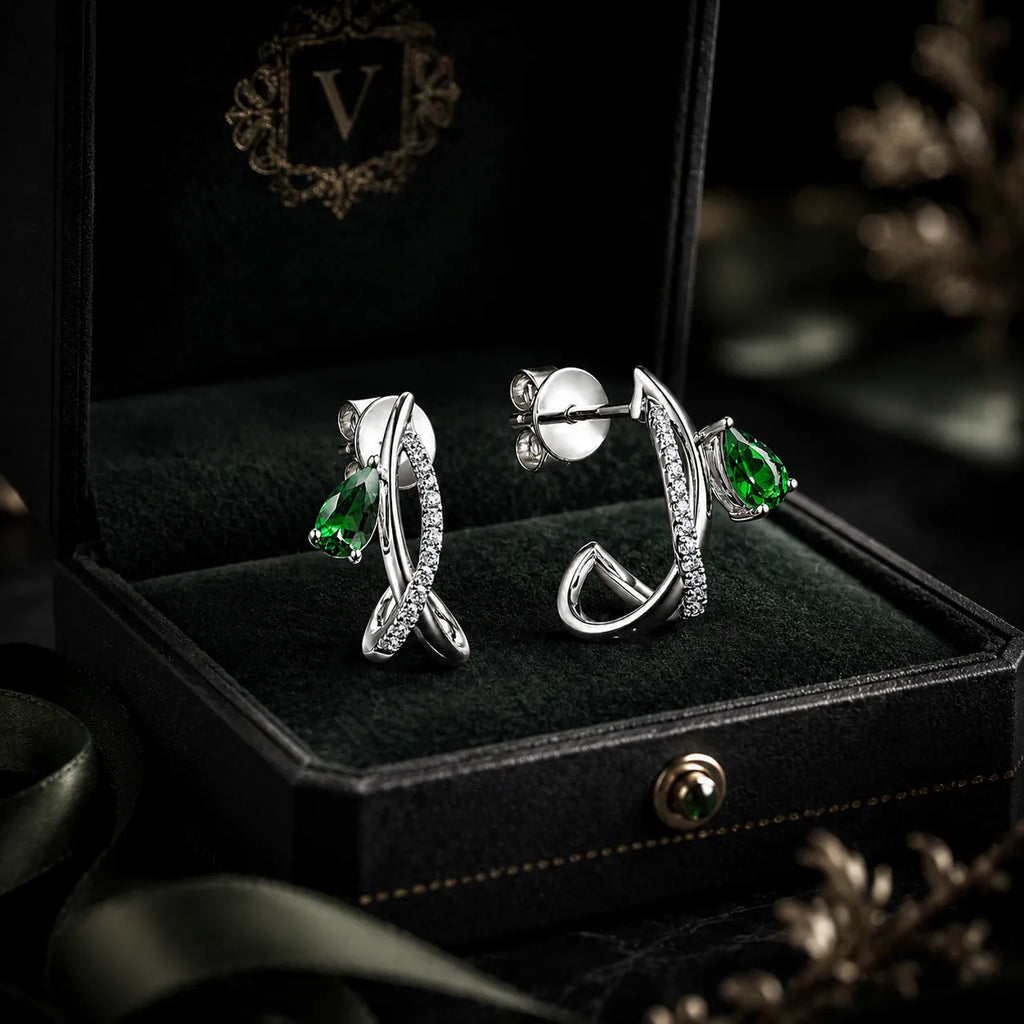 MUHUANG white gold green gemstone drop earrings in velvet jewelry box