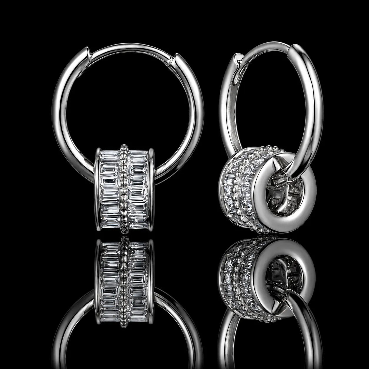 MUHUANG white gold baguette diamond charm hoop earrings on black reflective background