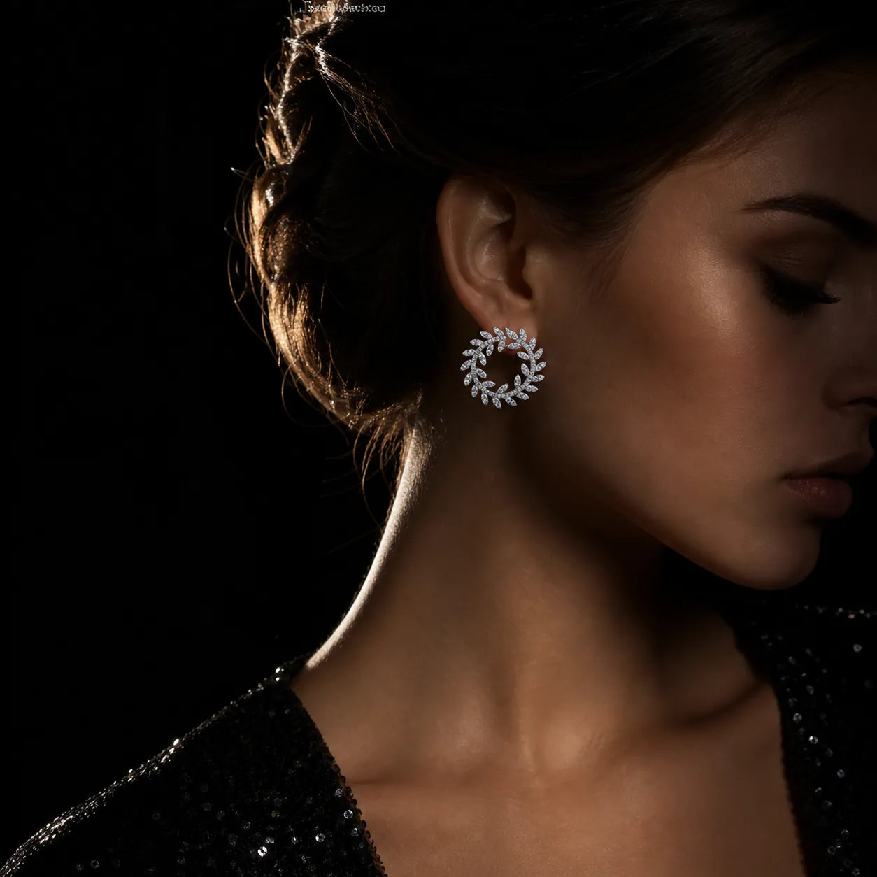 MUHUANG white gold diamond leaf hoop earrings worn by model