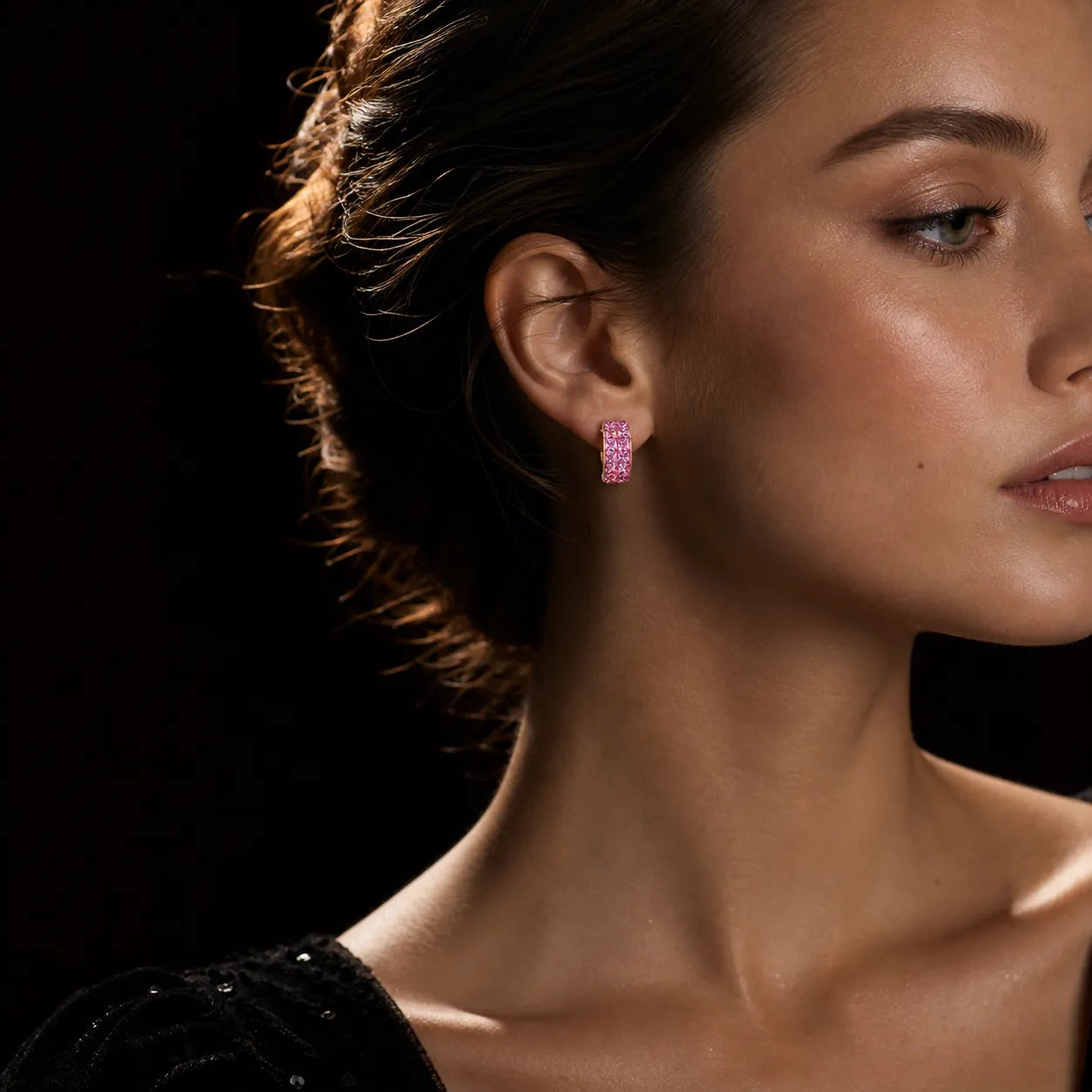 MUHUANG pink gemstone hoop earrings worn by model