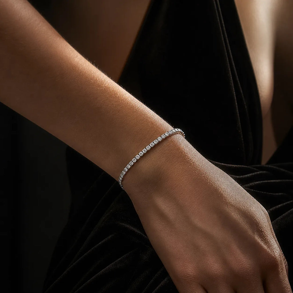 MUHUANG glamorous diamond bracelet on black velvet, fine jewelry showcase