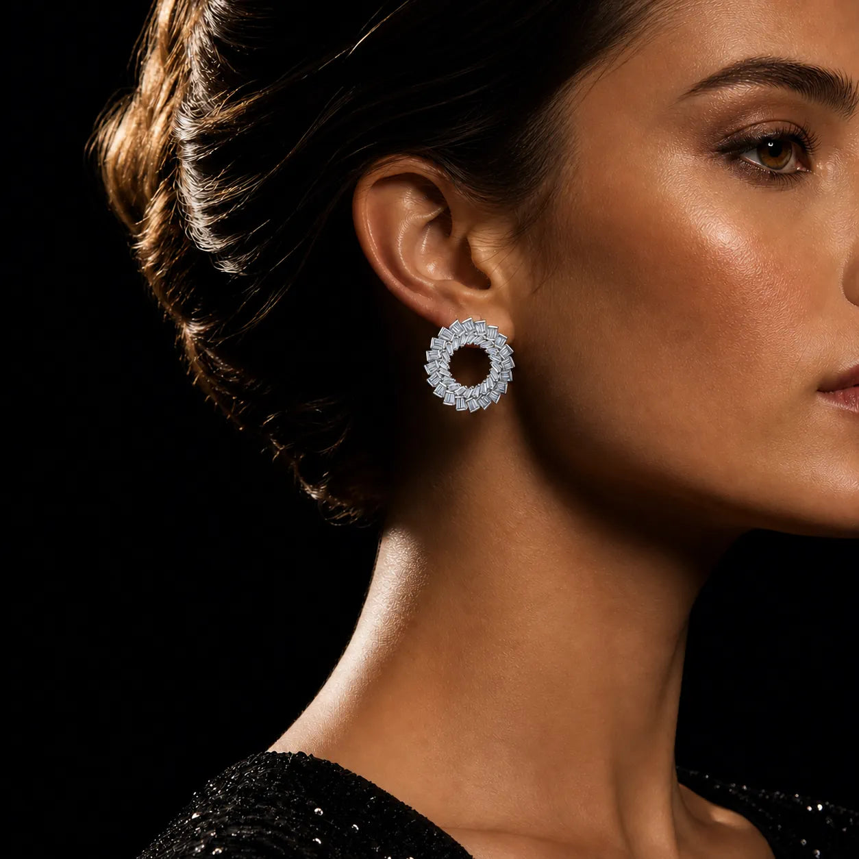 MUHUANG baguette diamond hoop earrings worn by model