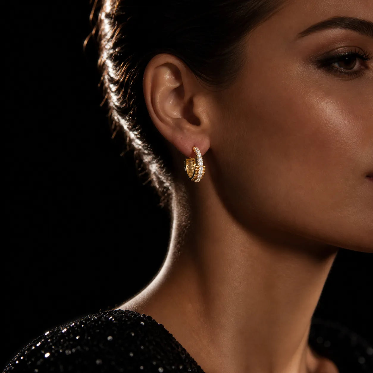 MUHUANG yellow gold diamond hoop earrings worn by model
