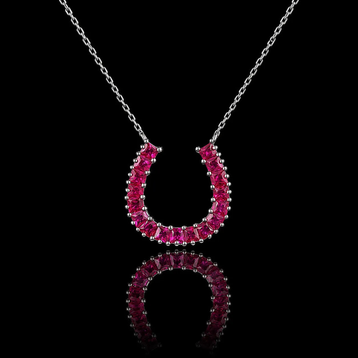 MUHUANG 0.78CT natural ruby horseshoe pendant necklace in 18K white gold