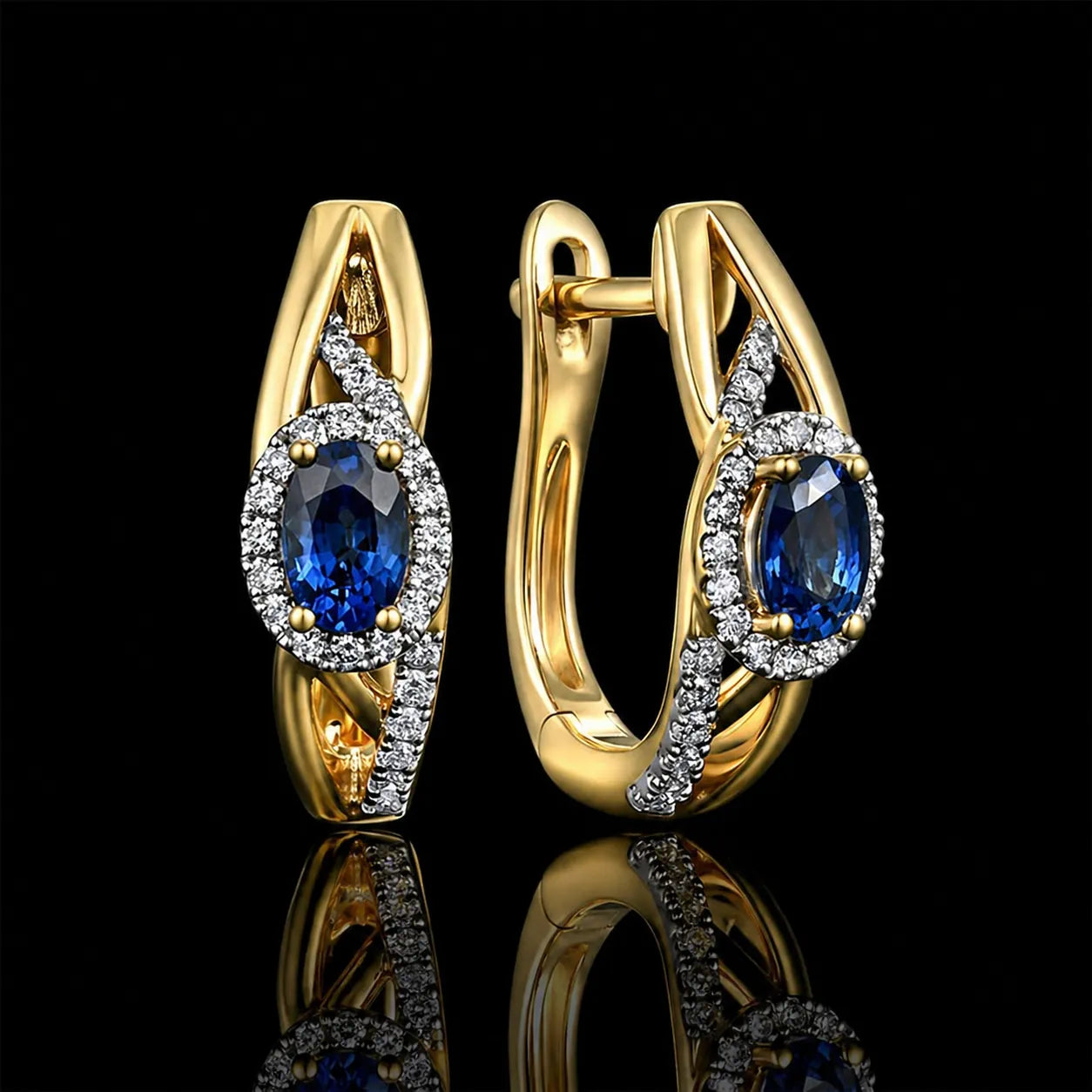 MUHUANG yellow gold blue sapphire diamond hoop earrings on black background