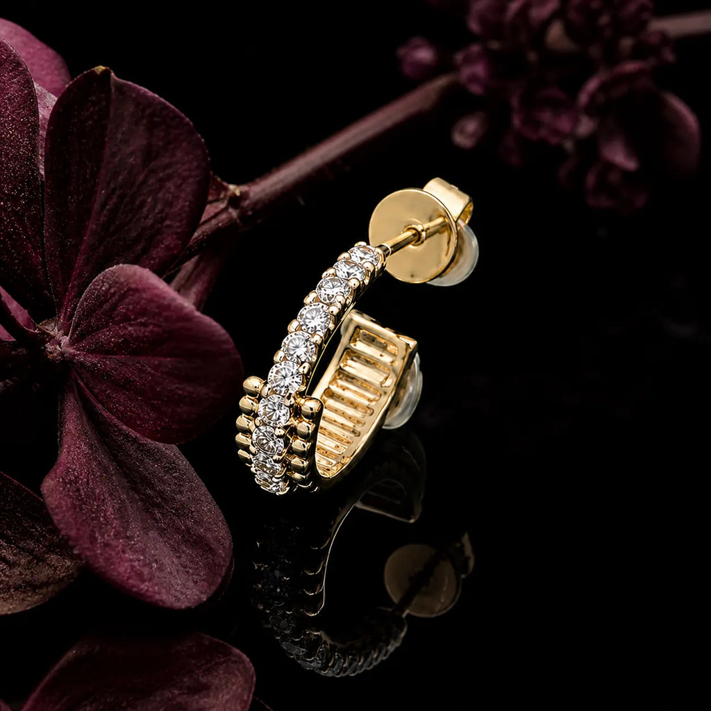 MUHUANG yellow gold diamond hoop earring with dark floral accents