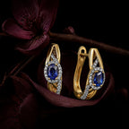 MUHUANG yellow gold sapphire and diamond hoop earrings with burgundy flowers