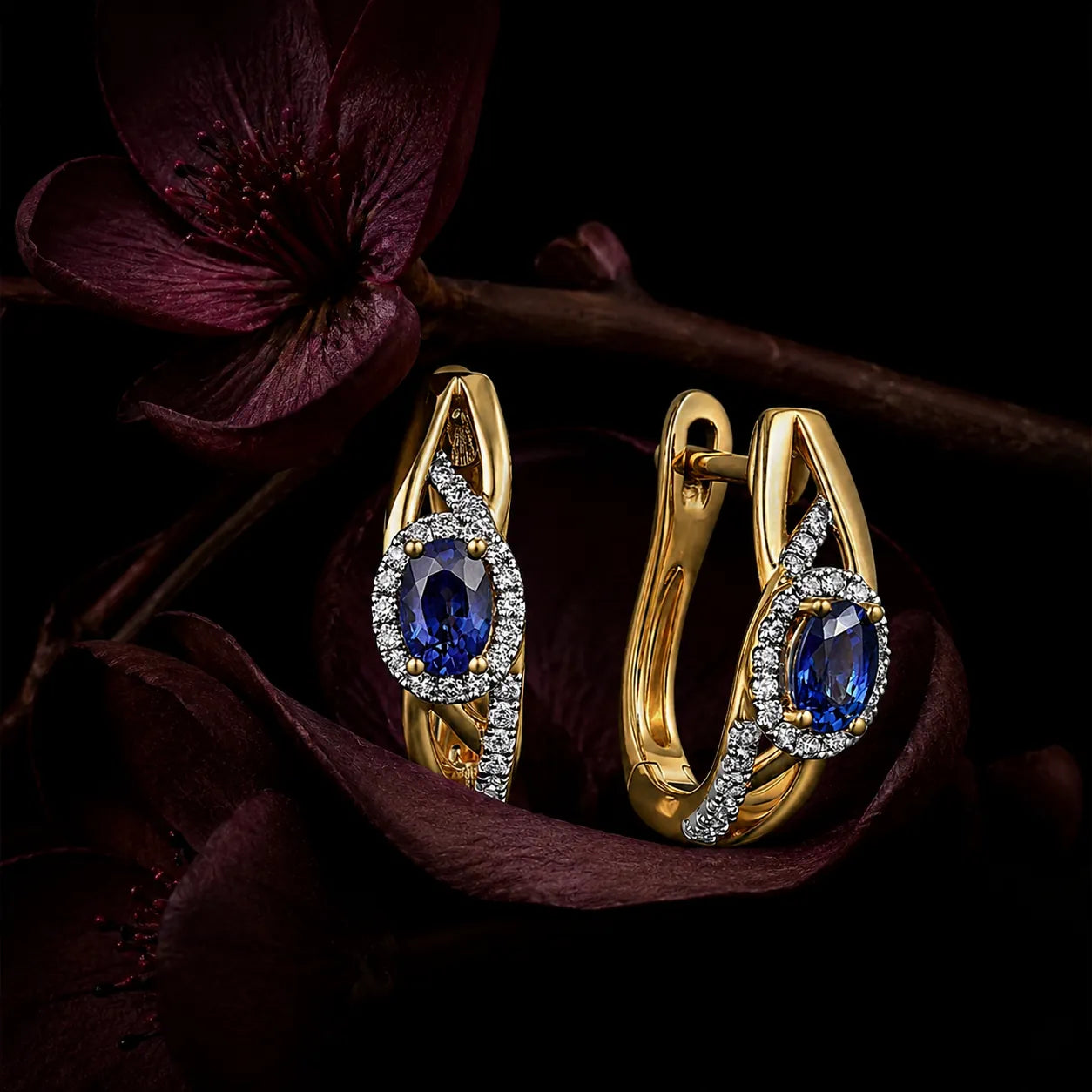 MUHUANG yellow gold sapphire and diamond hoop earrings with burgundy flowers