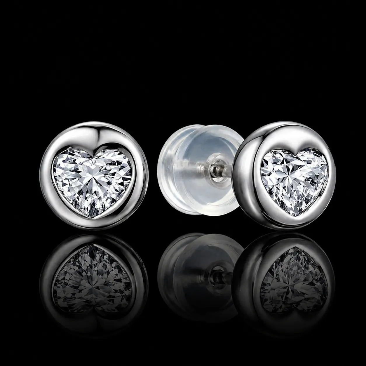MUHUANG white gold heart shaped diamond stud earrings on black background