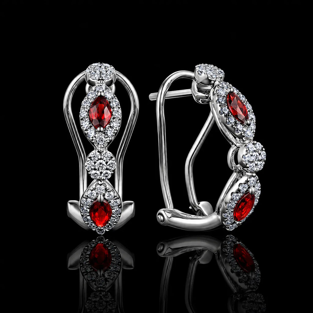 MUHUANG ruby diamond drop earrings on black background