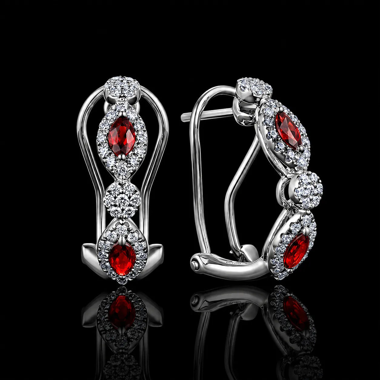 MUHUANG ruby diamond drop earrings on black background