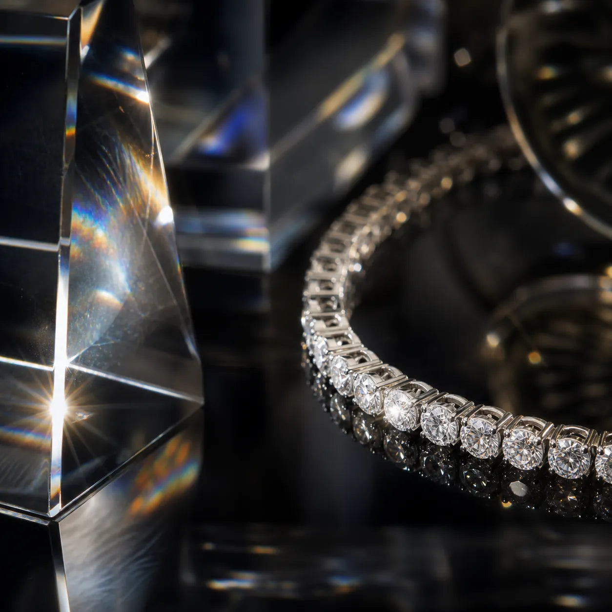 MUHUANG luxurious diamond bracelet reflecting light on black surface