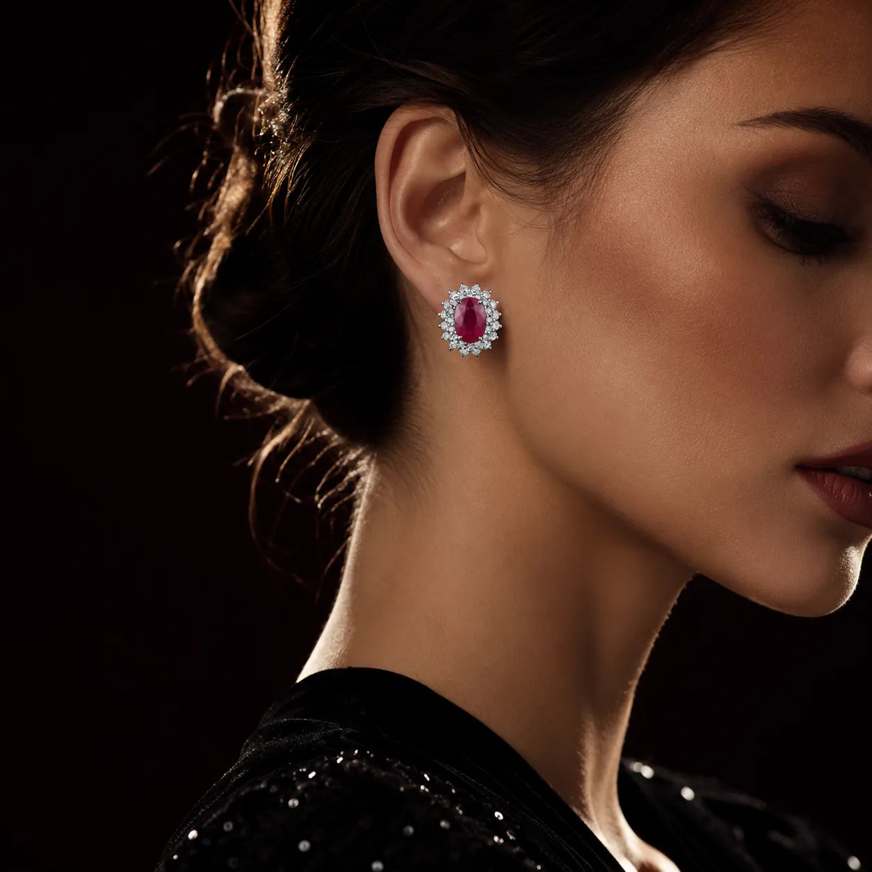 MUHUANG ruby diamond halo earrings worn by model