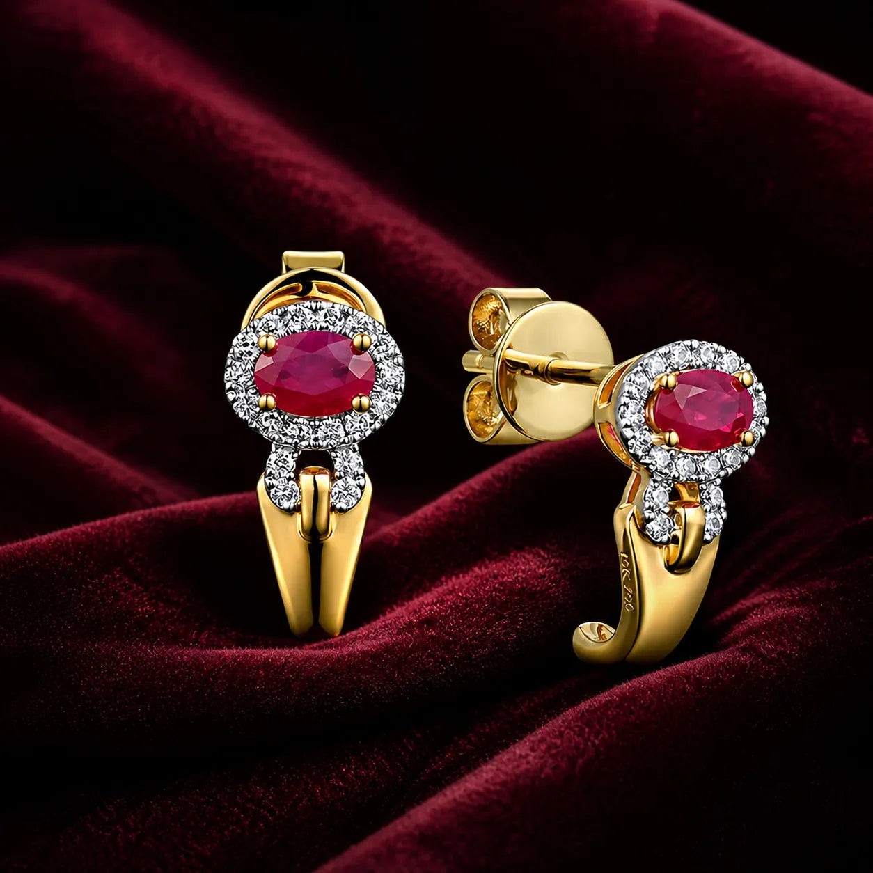 MUHUANG yellow gold ruby and diamond hoop earrings on burgundy velvet